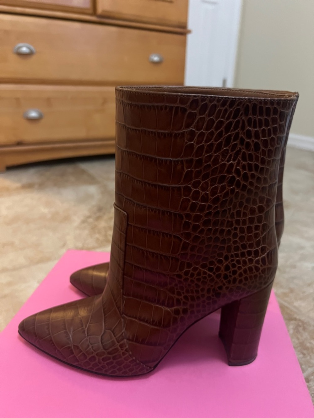 Paris Texas Brown Croc-Embossed Pointed Toe Ankle Boots - Picture 4 of 8
